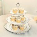 3 - Tier Plastic Round Cupcake Stand Whitewashed with Antique Gold Baroque Rim & Top Handle 13" - Bell Racket Store