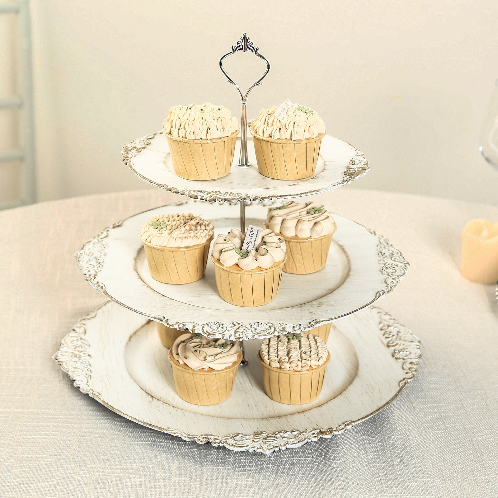 3 - Tier Plastic Round Cupcake Stand Whitewashed with Antique Gold Baroque Rim & Top Handle 13" - Bell Racket Store