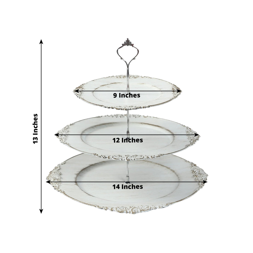 3 - Tier Plastic Round Cupcake Stand Whitewashed with Antique Gold Baroque Rim & Top Handle 13" - Bell Racket Store