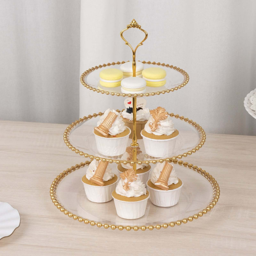3 - Tier Plastic Round Cupcake Tower Stand Clear - Versatile Dessert Display Tea Party Serving Platter with Gold Beaded Rim & Top Handle 14" - Bell Racket Store