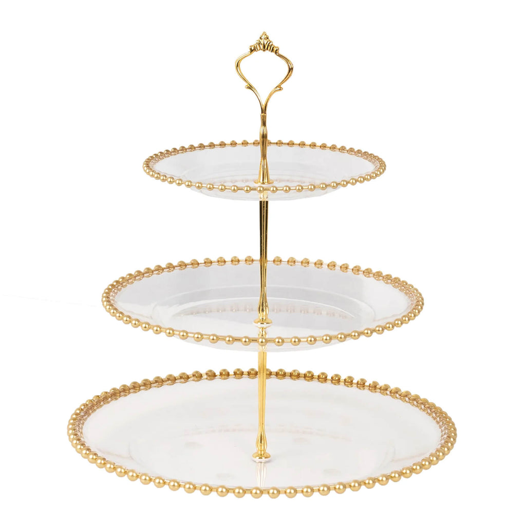 3 - Tier Plastic Round Cupcake Tower Stand Clear - Versatile Dessert Display Tea Party Serving Platter with Gold Beaded Rim & Top Handle 14" - Bell Racket Store