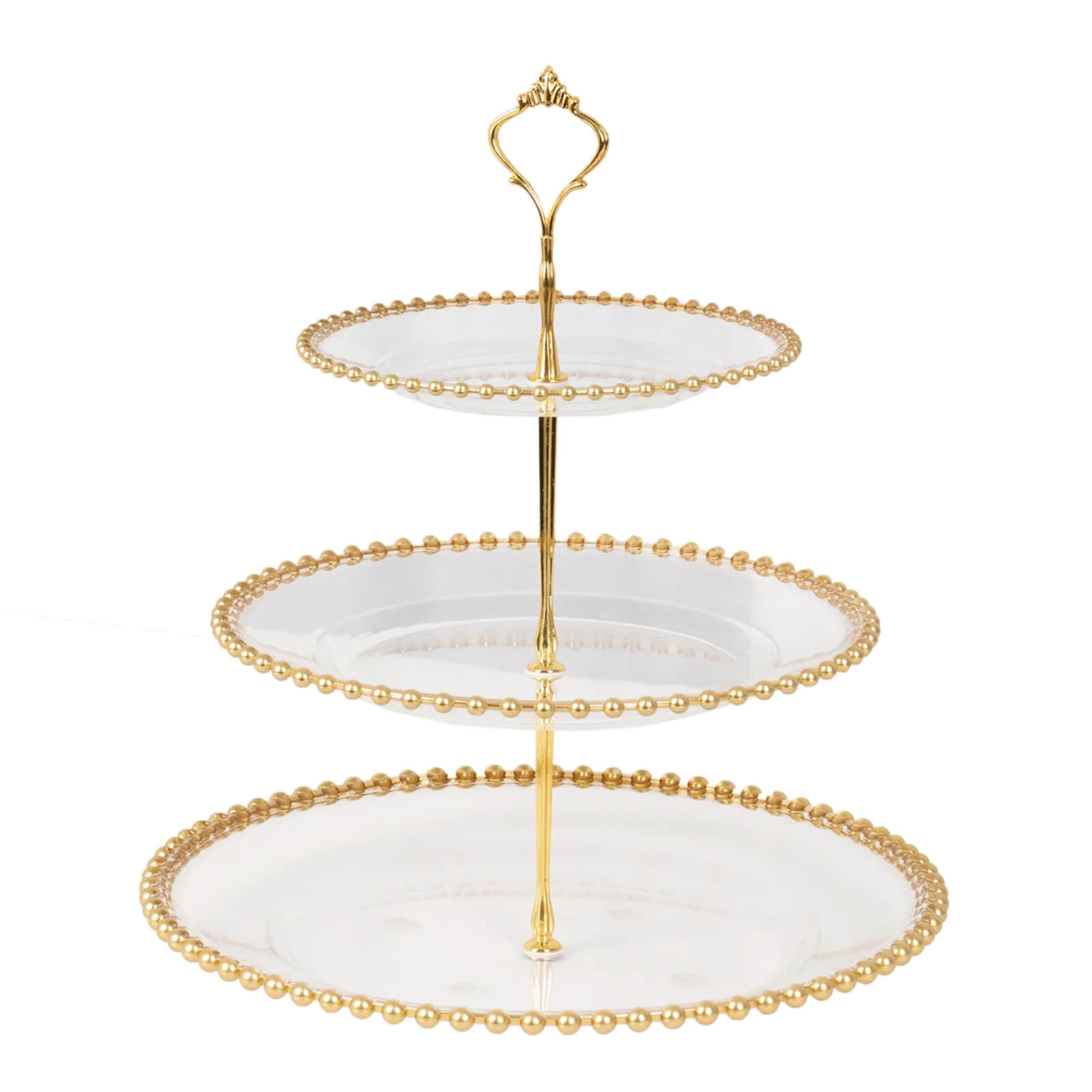 3 - Tier Plastic Round Cupcake Tower Stand Clear - Versatile Dessert Display Tea Party Serving Platter with Gold Beaded Rim & Top Handle 14" - Bell Racket Store