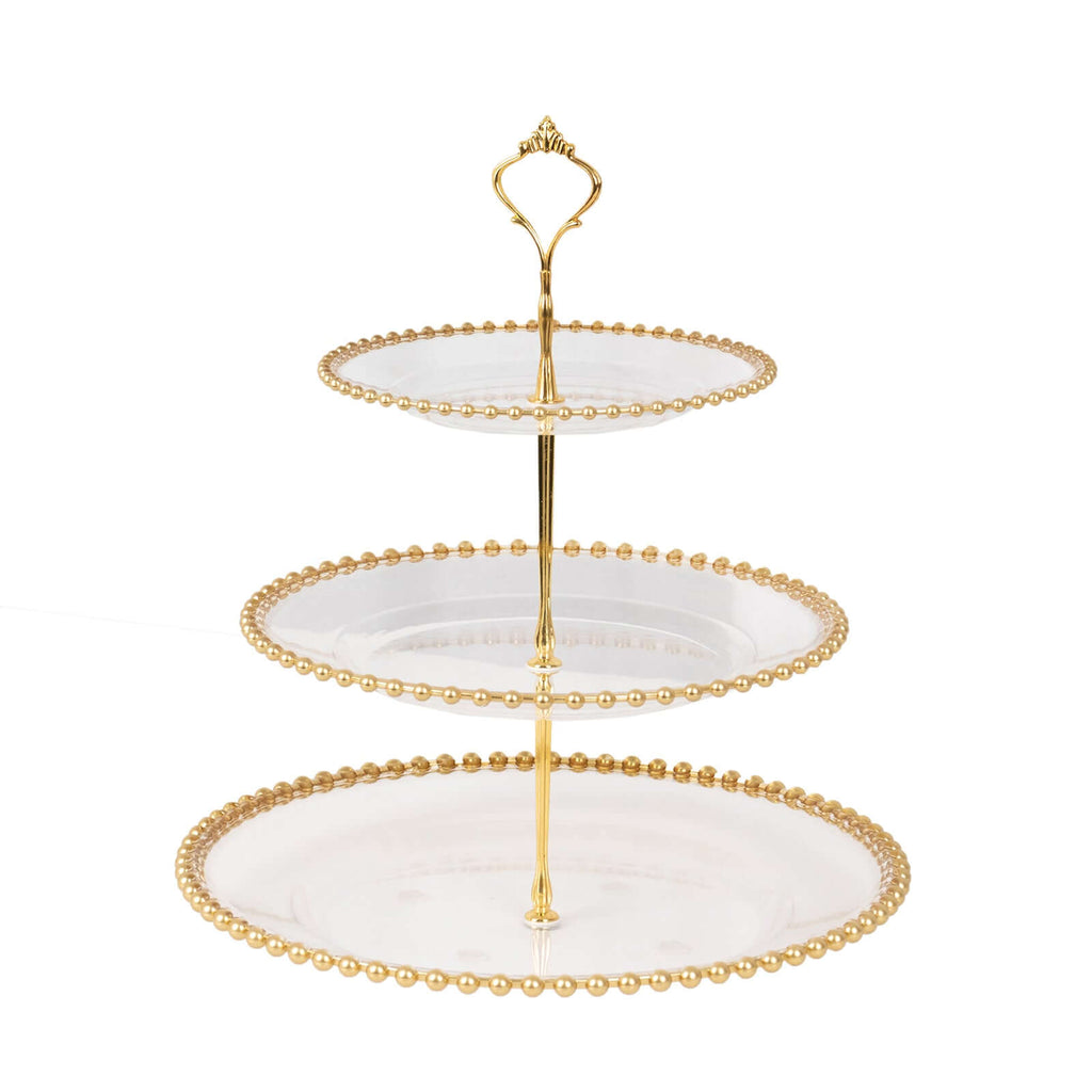 3 - Tier Plastic Round Cupcake Tower Stand Clear - Versatile Dessert Display Tea Party Serving Platter with Gold Beaded Rim & Top Handle 14" - Bell Racket Store