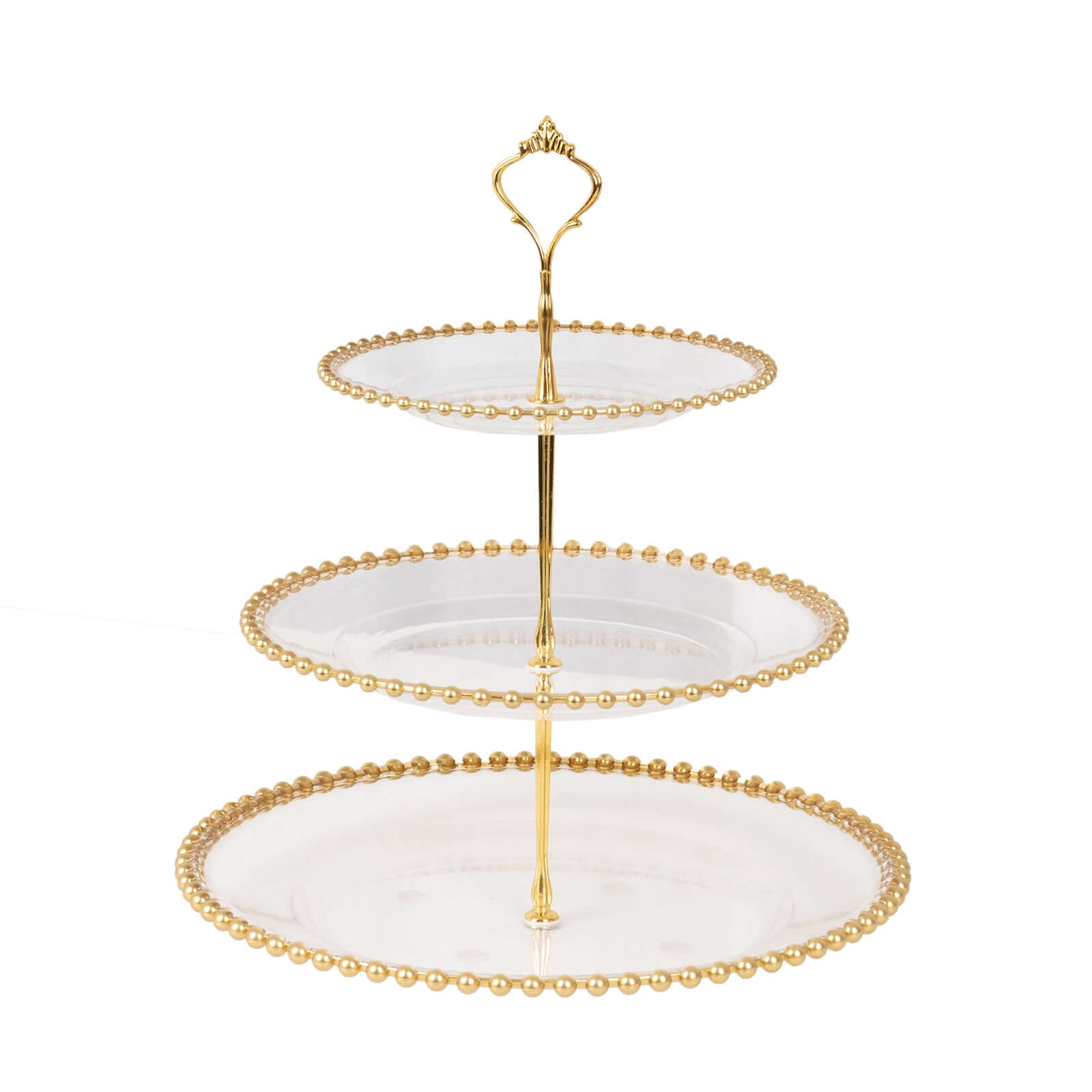 3 - Tier Plastic Round Cupcake Tower Stand Clear - Versatile Dessert Display Tea Party Serving Platter with Gold Beaded Rim & Top Handle 14" - Bell Racket Store