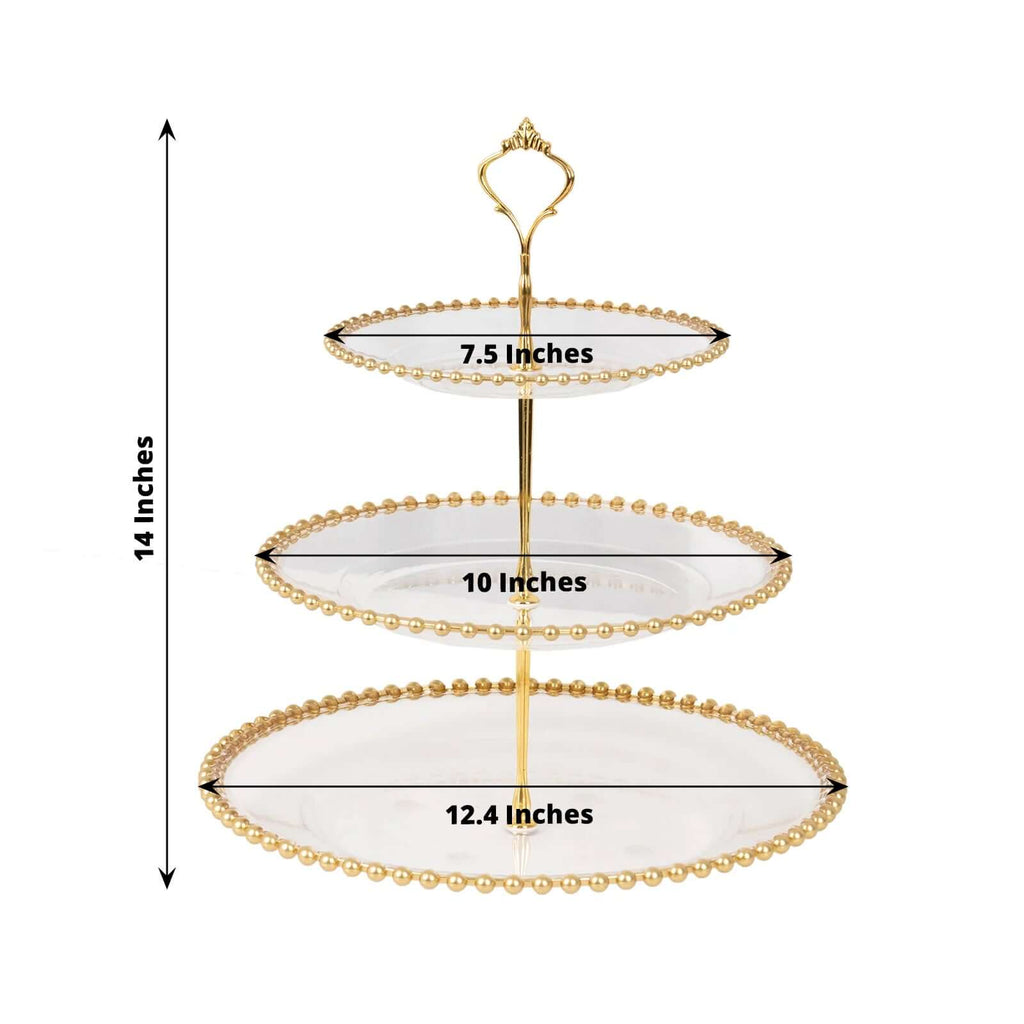 3 - Tier Plastic Round Cupcake Tower Stand Clear - Versatile Dessert Display Tea Party Serving Platter with Gold Beaded Rim & Top Handle 14" - Bell Racket Store