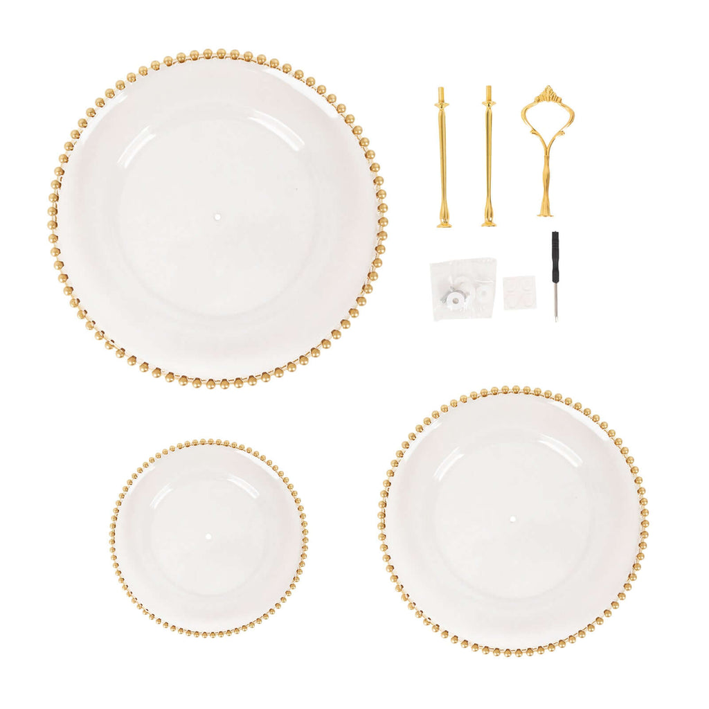 3 - Tier Plastic Round Cupcake Tower Stand Clear - Versatile Dessert Display Tea Party Serving Platter with Gold Beaded Rim & Top Handle 14" - Bell Racket Store