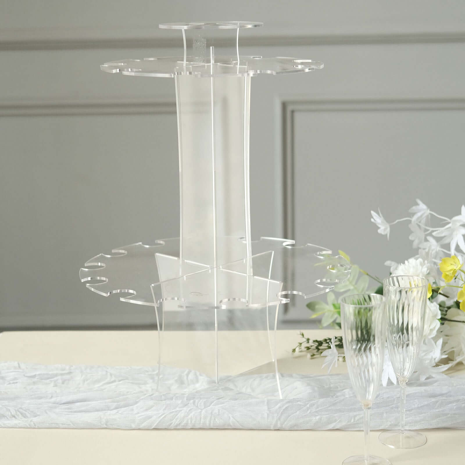 3 - Tier Round Champagne Glass Holder Tower Clear Acrylic + 1 Bottle for Professional & Home Use 21" - Bell Racket Store