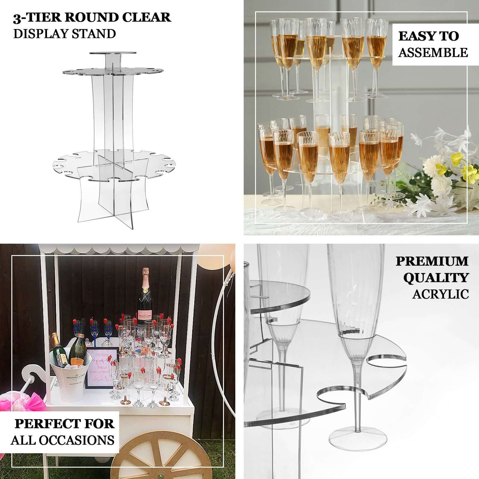 3 - Tier Round Champagne Glass Holder Tower Clear Acrylic + 1 Bottle for Professional & Home Use 21" - Bell Racket Store