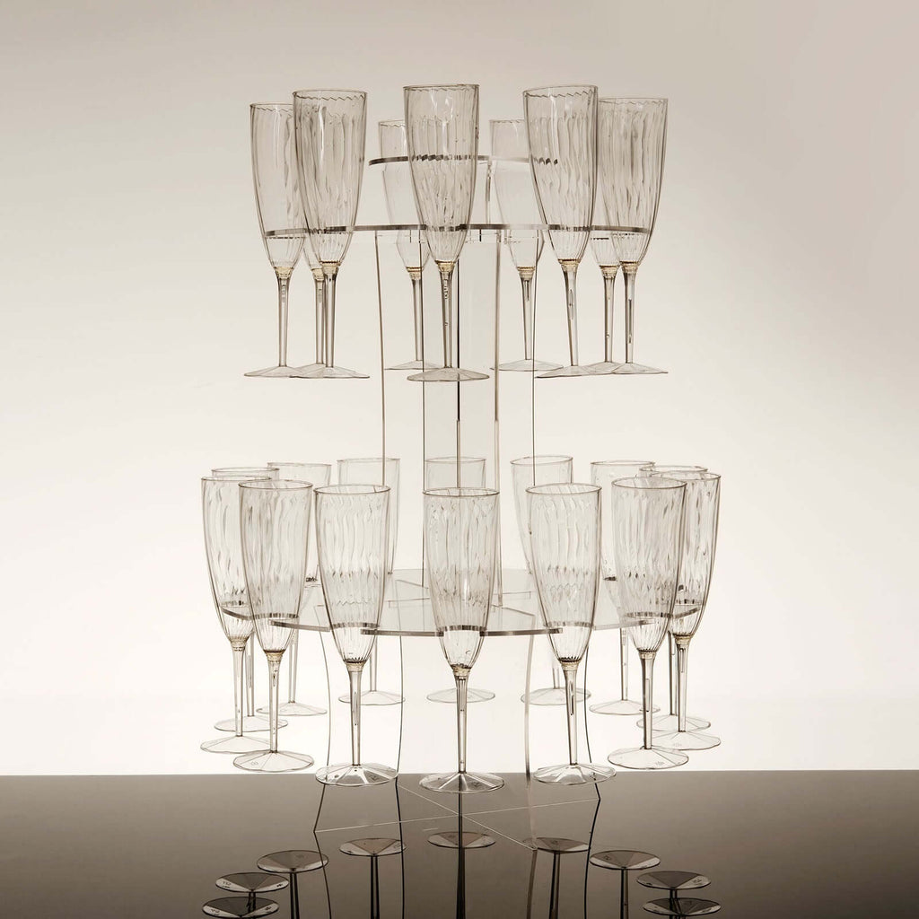 3 - Tier Round Champagne Glass Holder Tower Clear Acrylic + 1 Bottle for Professional & Home Use 21" - Bell Racket Store