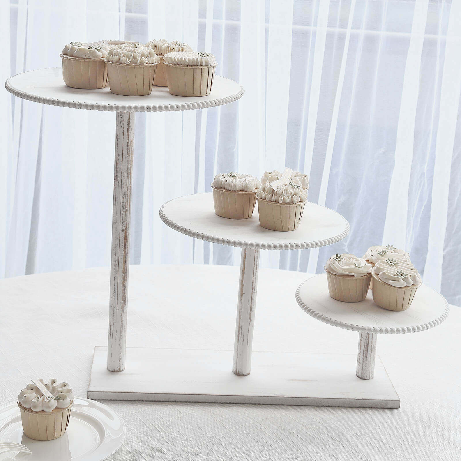3 - Tier Wooden Cake Stand Whitewash with Round Beaded Rim Trays - Rustic Cupcake Tower Dessert Display 24"x16" - Bell Racket Store
