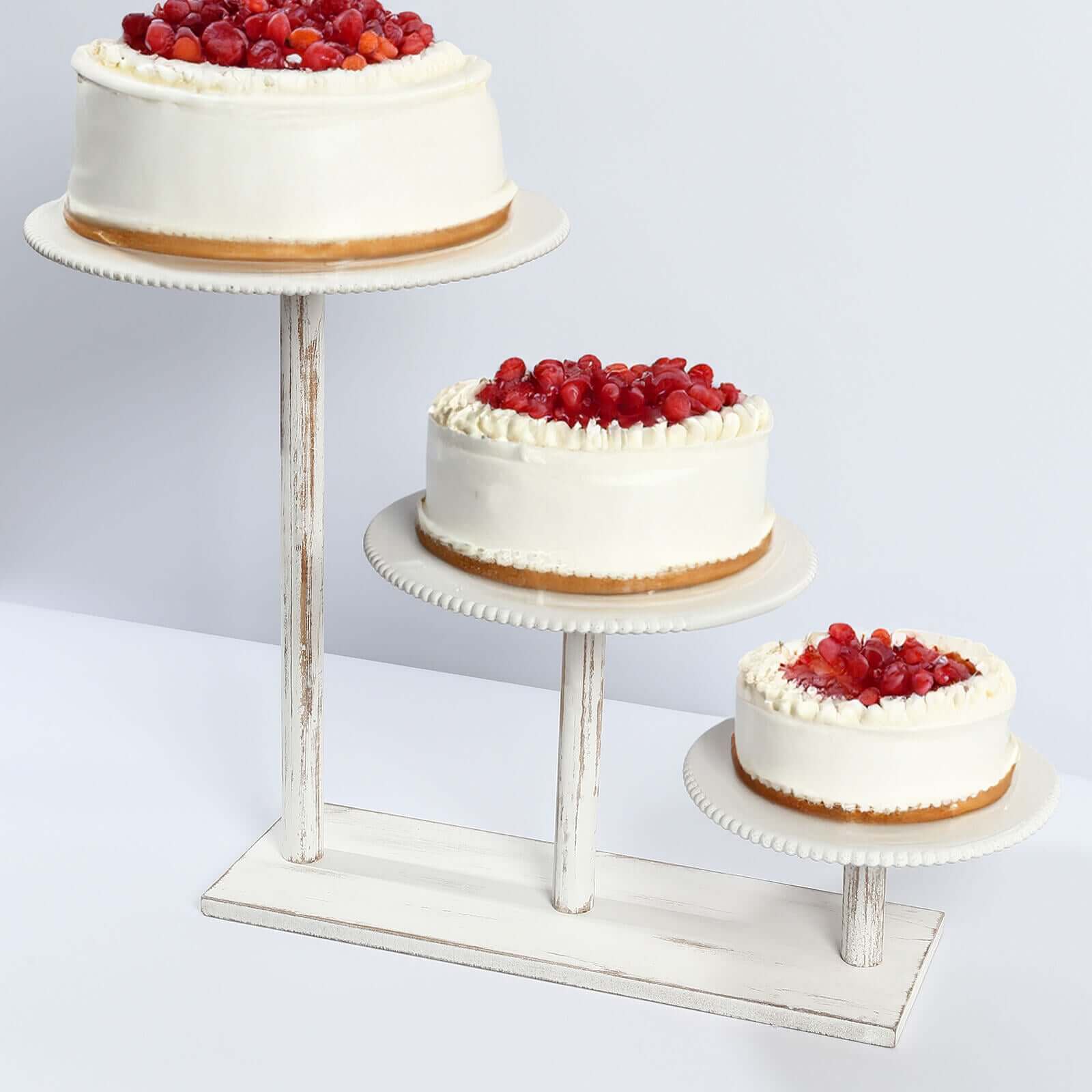 3 - Tier Wooden Cake Stand Whitewash with Round Beaded Rim Trays - Rustic Cupcake Tower Dessert Display 24"x16" - Bell Racket Store