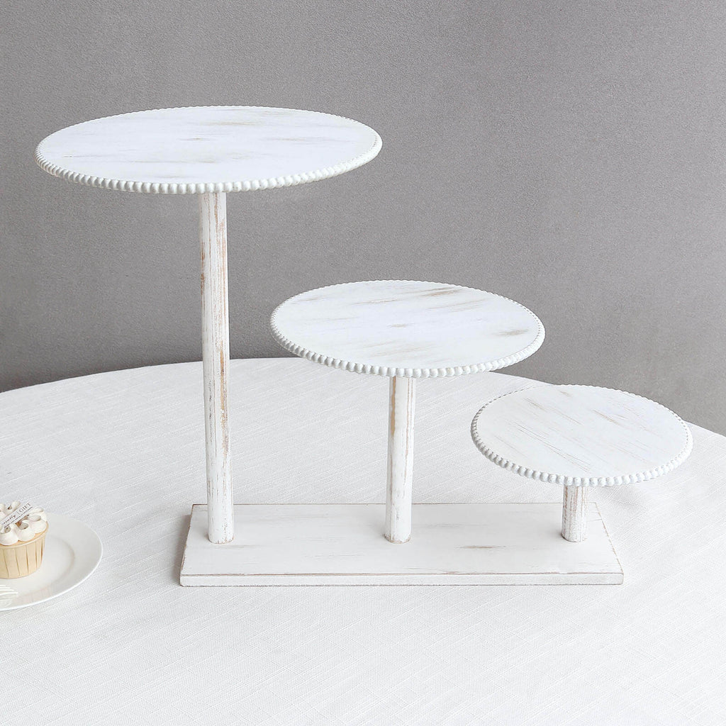 3 - Tier Wooden Cake Stand Whitewash with Round Beaded Rim Trays - Rustic Cupcake Tower Dessert Display 24"x16" - Bell Racket Store