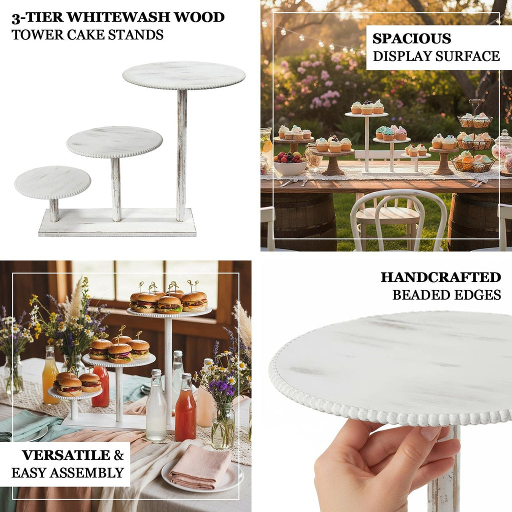 3 - Tier Wooden Cake Stand Whitewash with Round Beaded Rim Trays - Rustic Cupcake Tower Dessert Display 24"x16" - Bell Racket Store