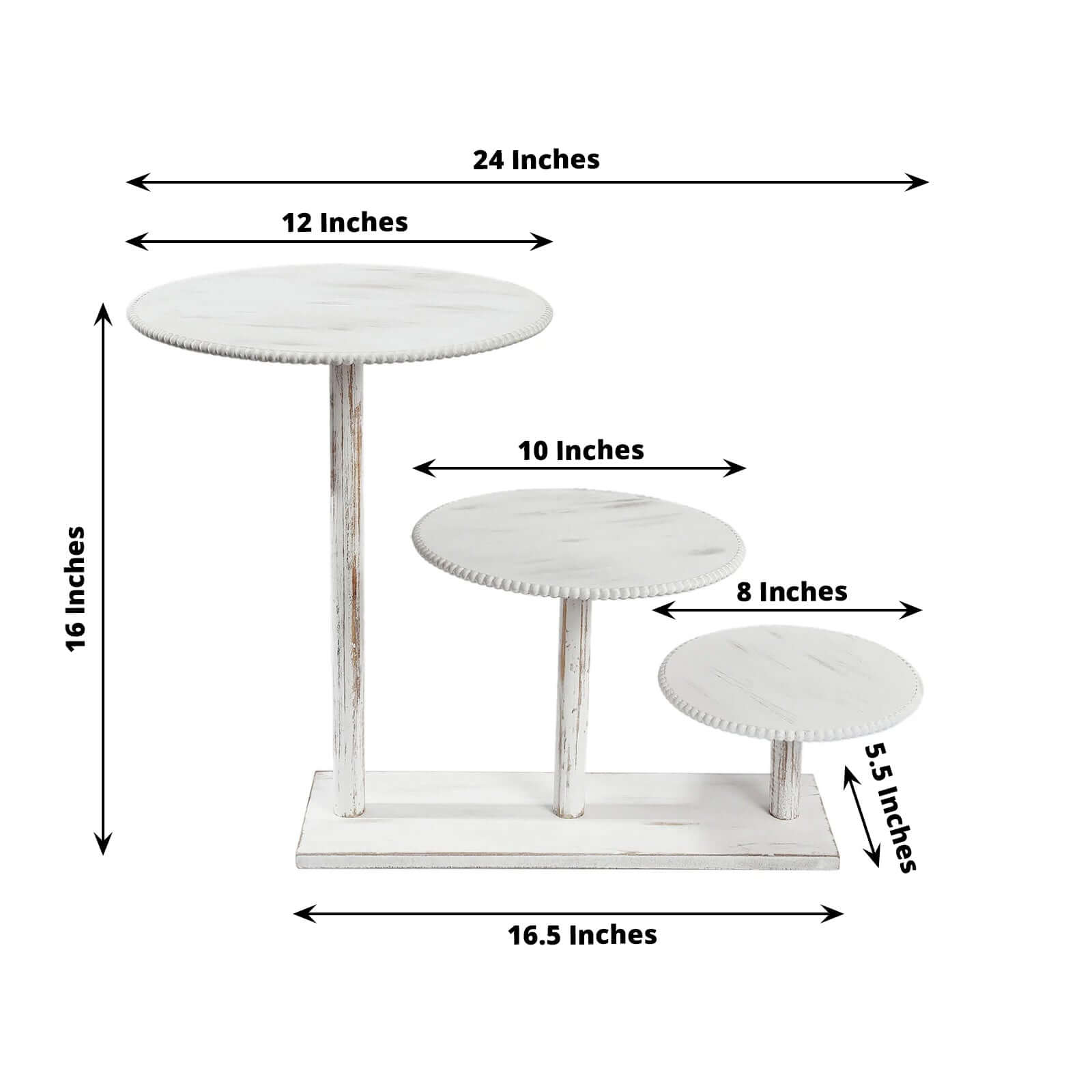 3 - Tier Wooden Cake Stand Whitewash with Round Beaded Rim Trays - Rustic Cupcake Tower Dessert Display 24"x16" - Bell Racket Store