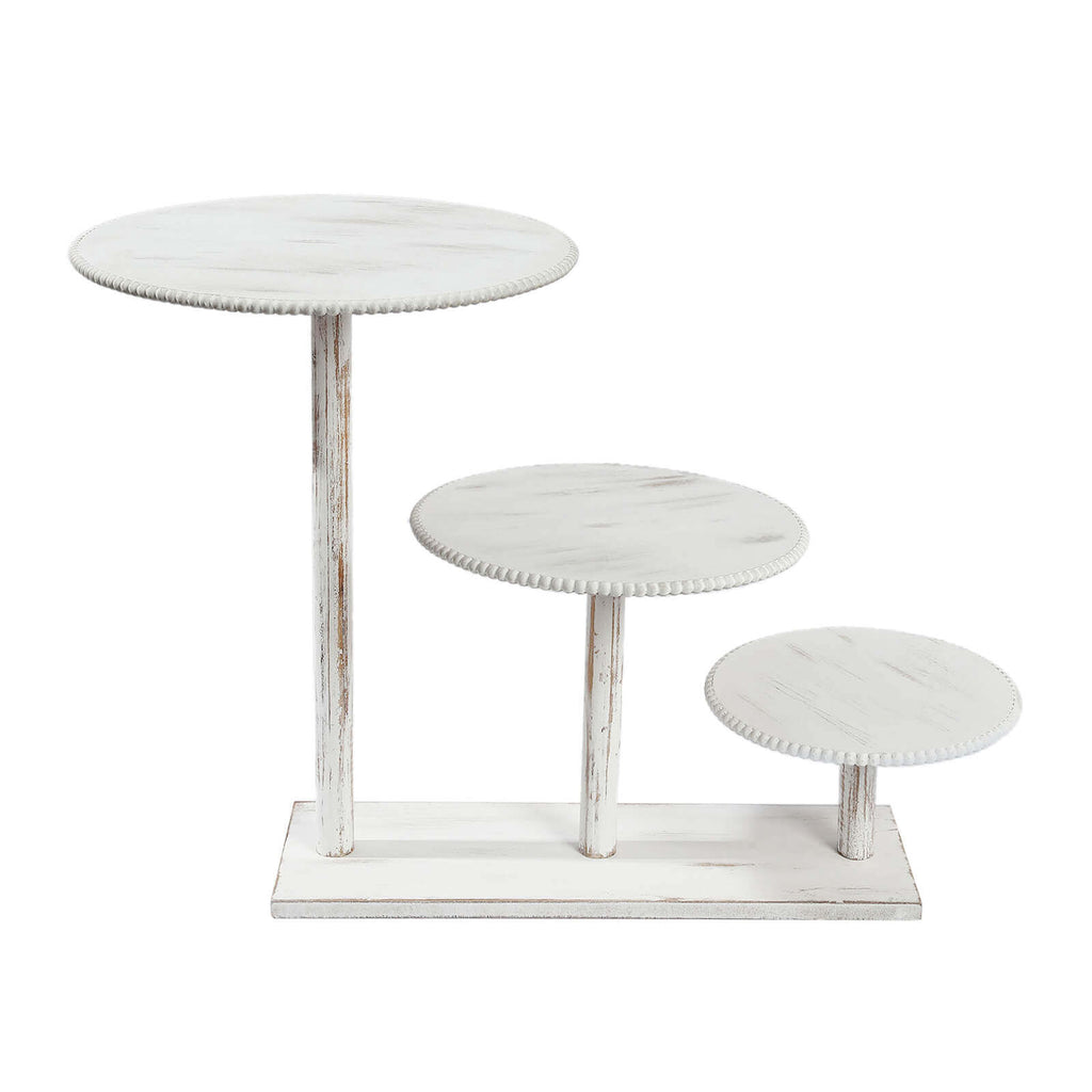 3 - Tier Wooden Cake Stand Whitewash with Round Beaded Rim Trays - Rustic Cupcake Tower Dessert Display 24"x16" - Bell Racket Store