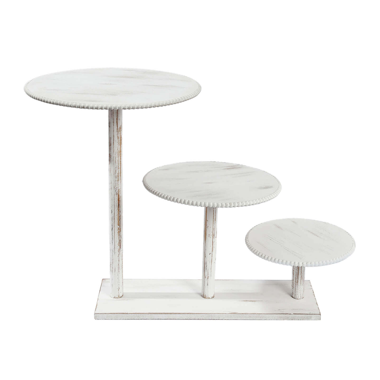 3 - Tier Wooden Cake Stand Whitewash with Round Beaded Rim Trays - Rustic Cupcake Tower Dessert Display 24"x16" - Bell Racket Store
