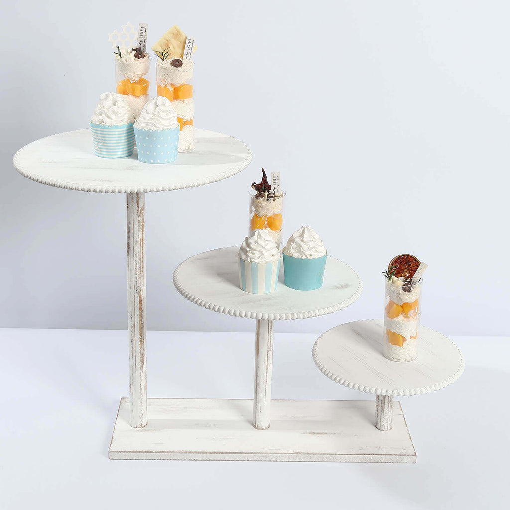 3 - Tier Wooden Cake Stand Whitewash with Round Beaded Rim Trays - Rustic Cupcake Tower Dessert Display 24"x16" - Bell Racket Store