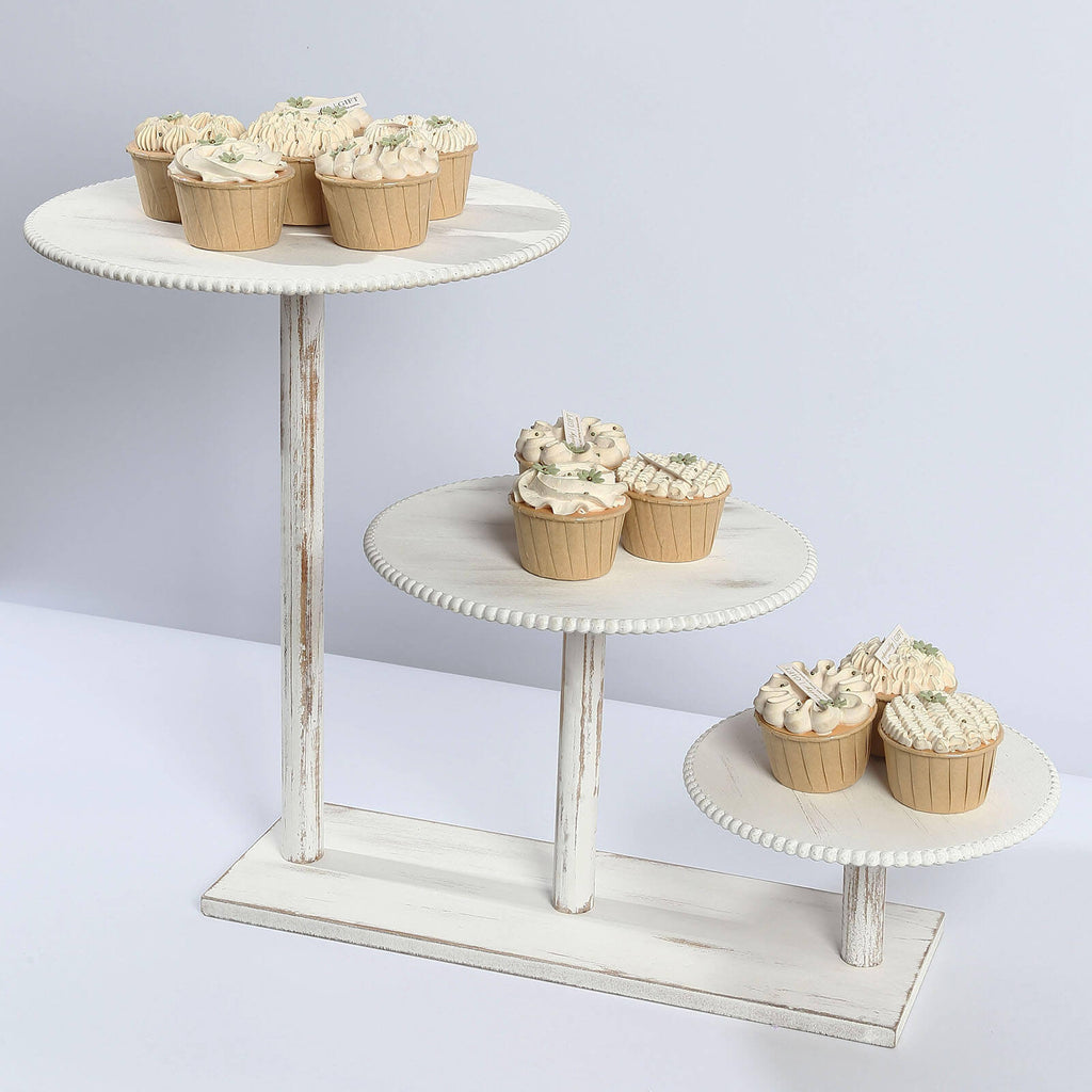 3 - Tier Wooden Cake Stand Whitewash with Round Beaded Rim Trays - Rustic Cupcake Tower Dessert Display 24"x16" - Bell Racket Store