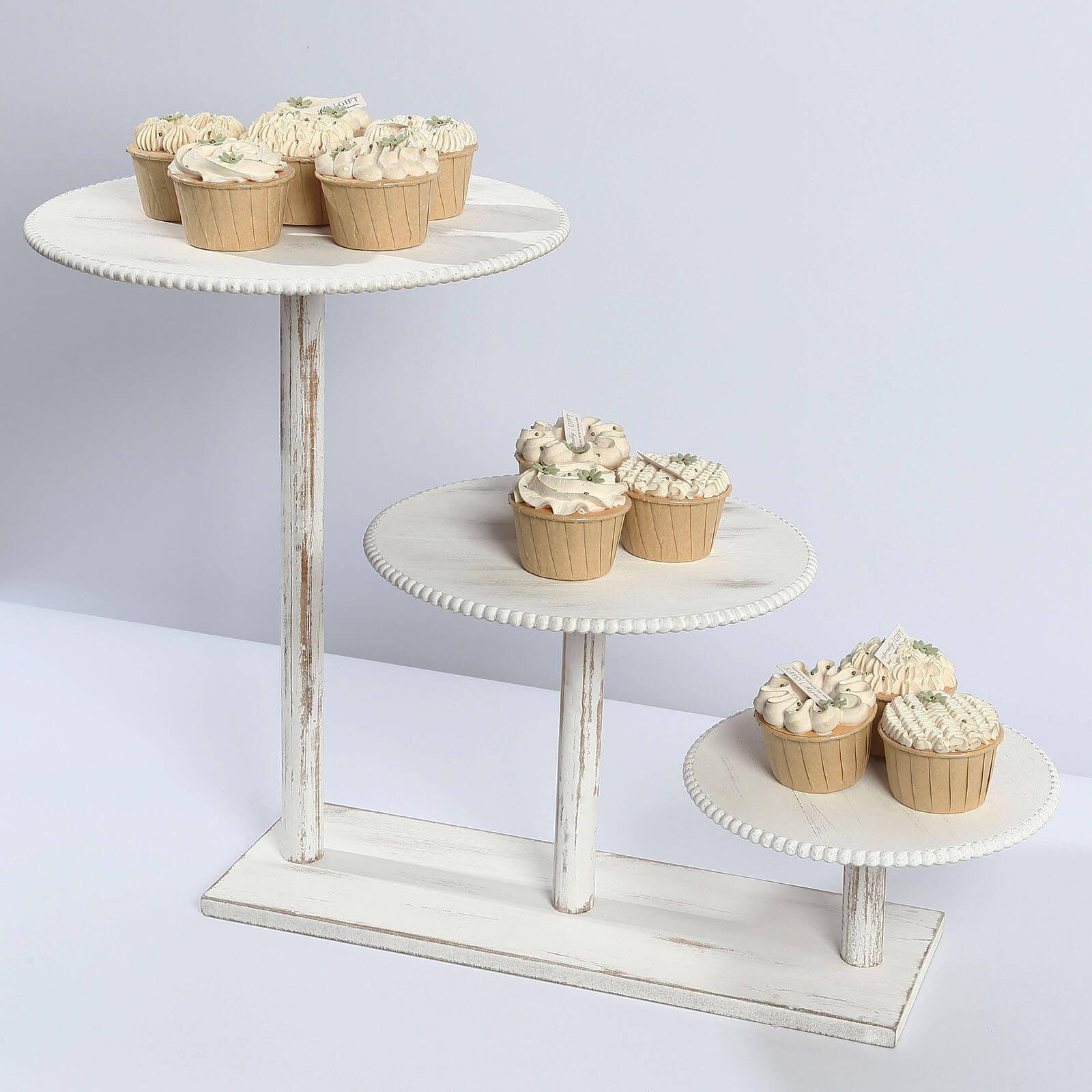 3 - Tier Wooden Cake Stand Whitewash with Round Beaded Rim Trays - Rustic Cupcake Tower Dessert Display 24"x16" - Bell Racket Store