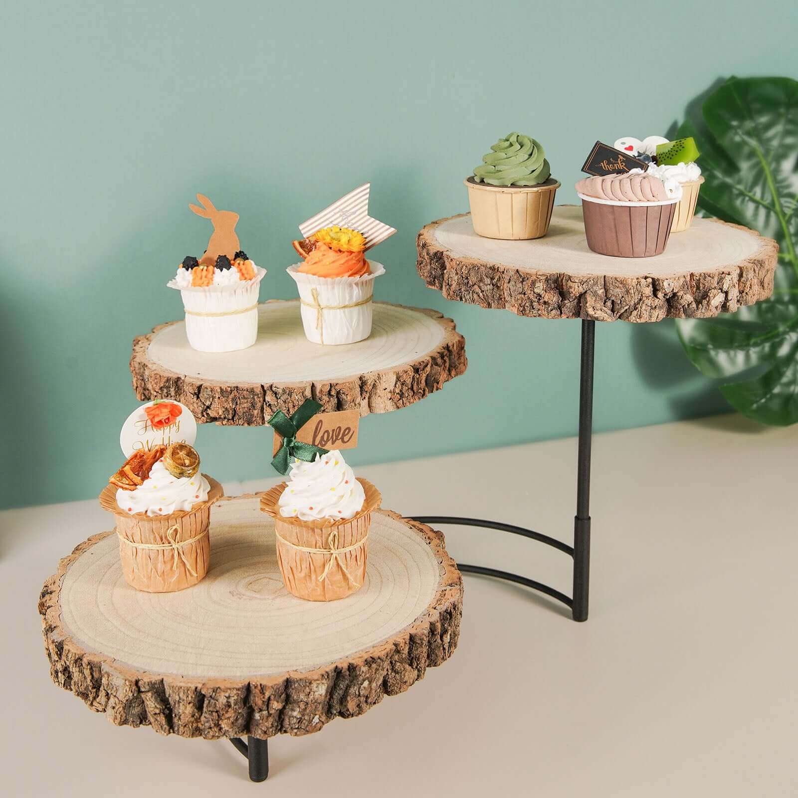3 - Tier Wooden Cheese Board Stand Half Moon Wood Slice Design - Rustic Cupcake Centerpiece 12" Tall - Bell Racket Store
