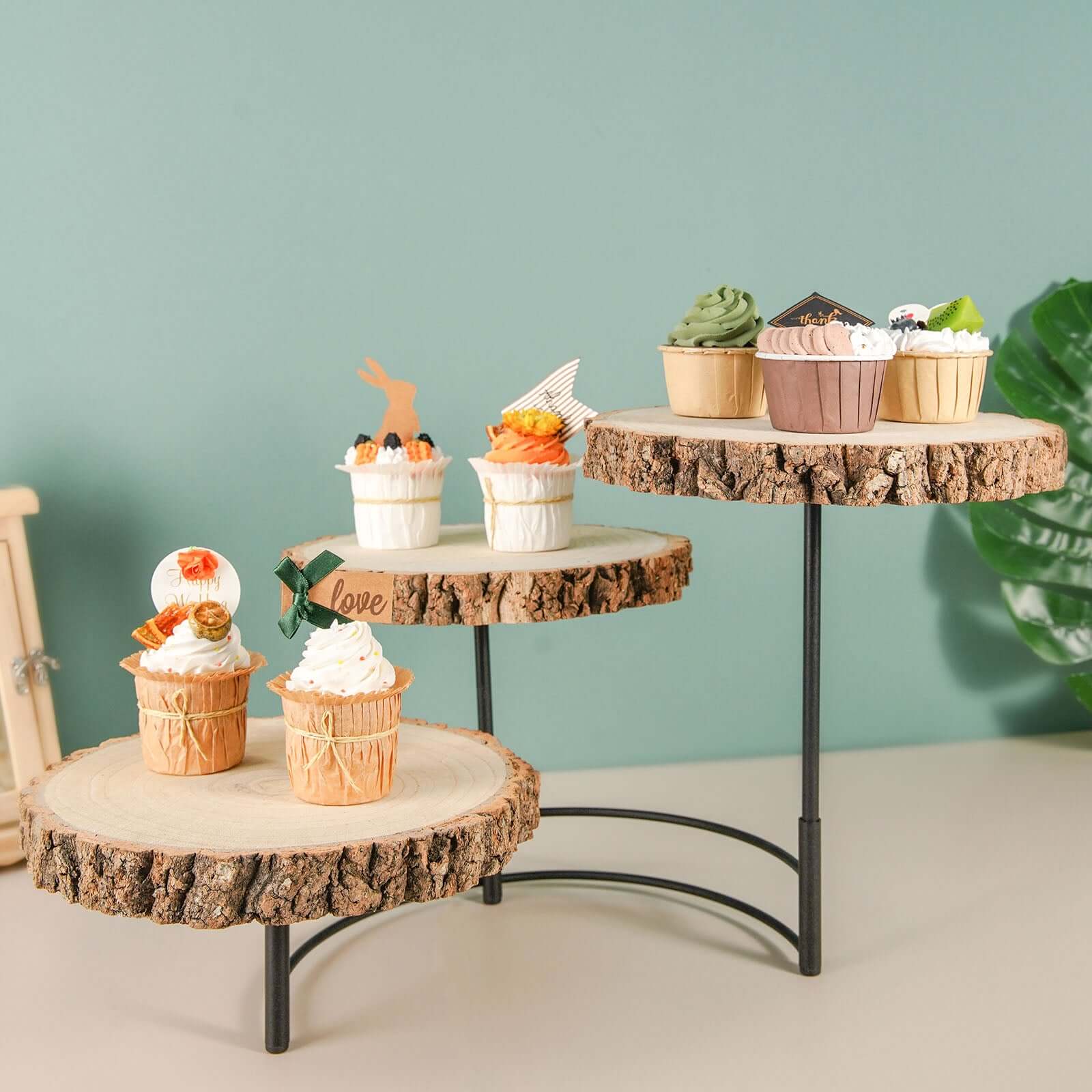 3 - Tier Wooden Cheese Board Stand Half Moon Wood Slice Design - Rustic Cupcake Centerpiece 12" Tall - Bell Racket Store