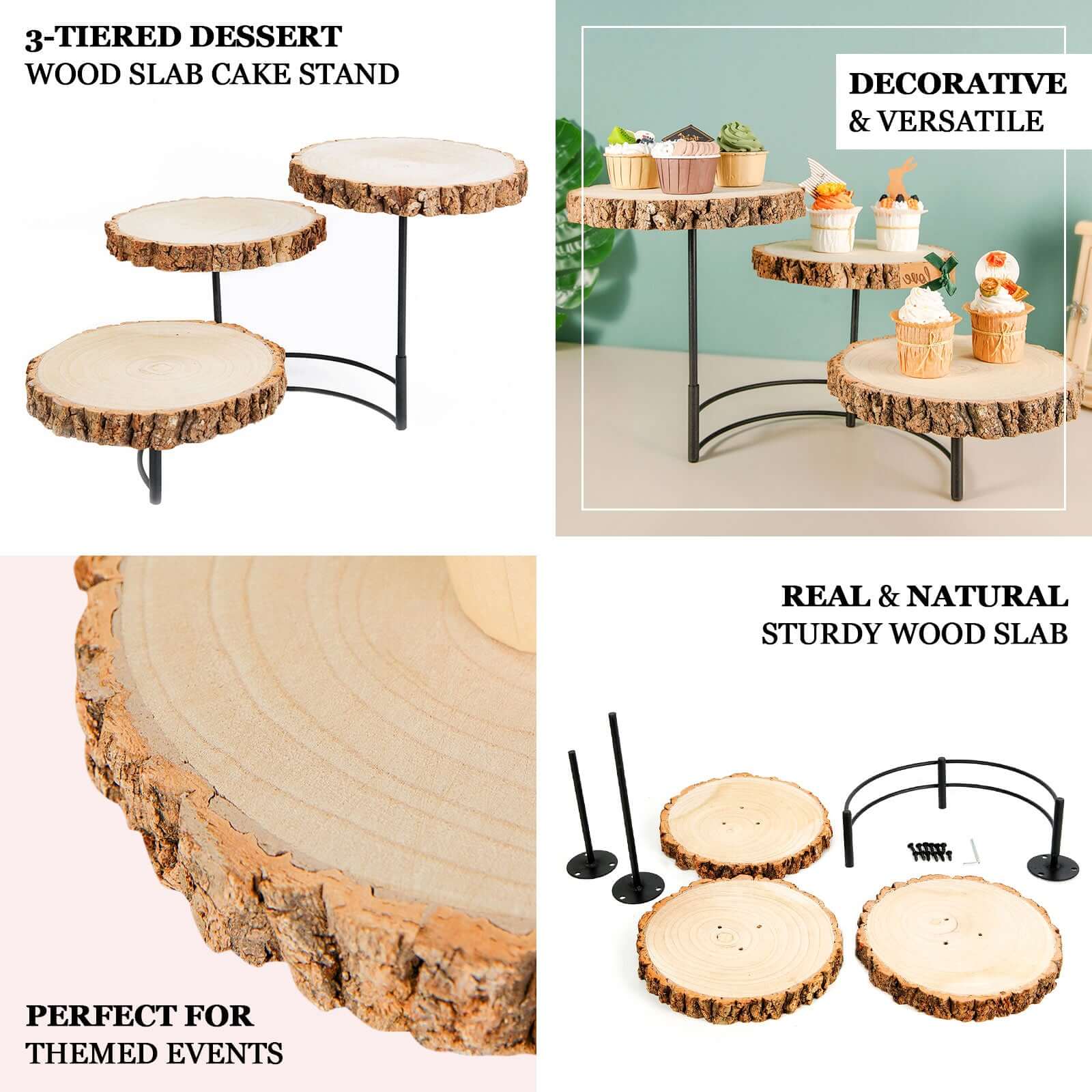 3 - Tier Wooden Cheese Board Stand Half Moon Wood Slice Design - Rustic Cupcake Centerpiece 12" Tall - Bell Racket Store