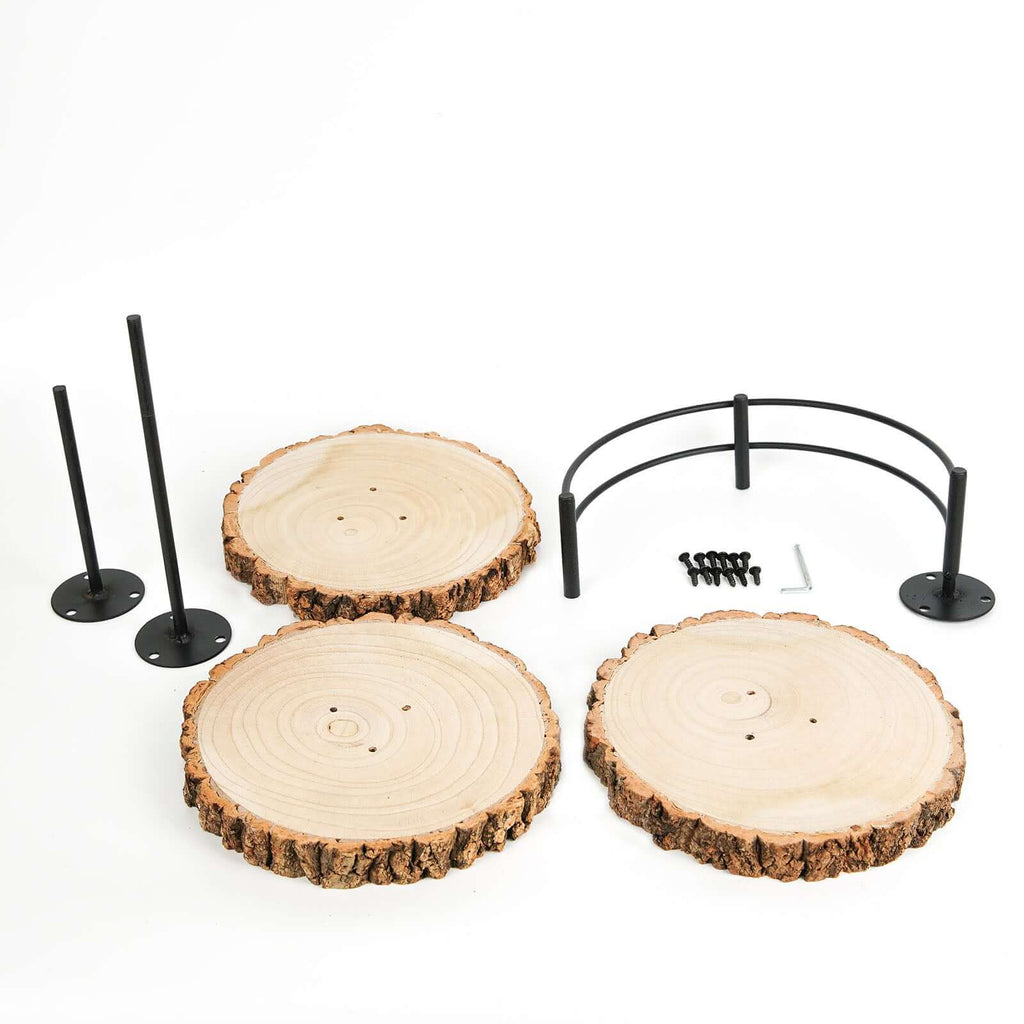 3 - Tier Wooden Cheese Board Stand Half Moon Wood Slice Design - Rustic Cupcake Centerpiece 12" Tall - Bell Racket Store