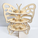 3 - Tier Wooden Cupcake Stand Butterfly Design Natural - Rustic Dessert Display Shelf Rack 24" - Bell Racket Store
