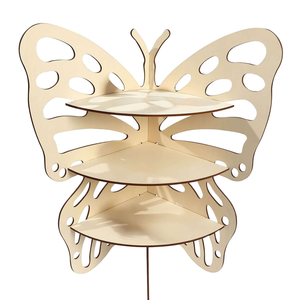 3 - Tier Wooden Cupcake Stand Butterfly Design Natural - Rustic Dessert Display Shelf Rack 24" - Bell Racket Store