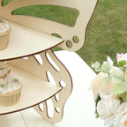 3 - Tier Wooden Cupcake Stand Butterfly Design Natural - Rustic Dessert Display Shelf Rack 24" - Bell Racket Store