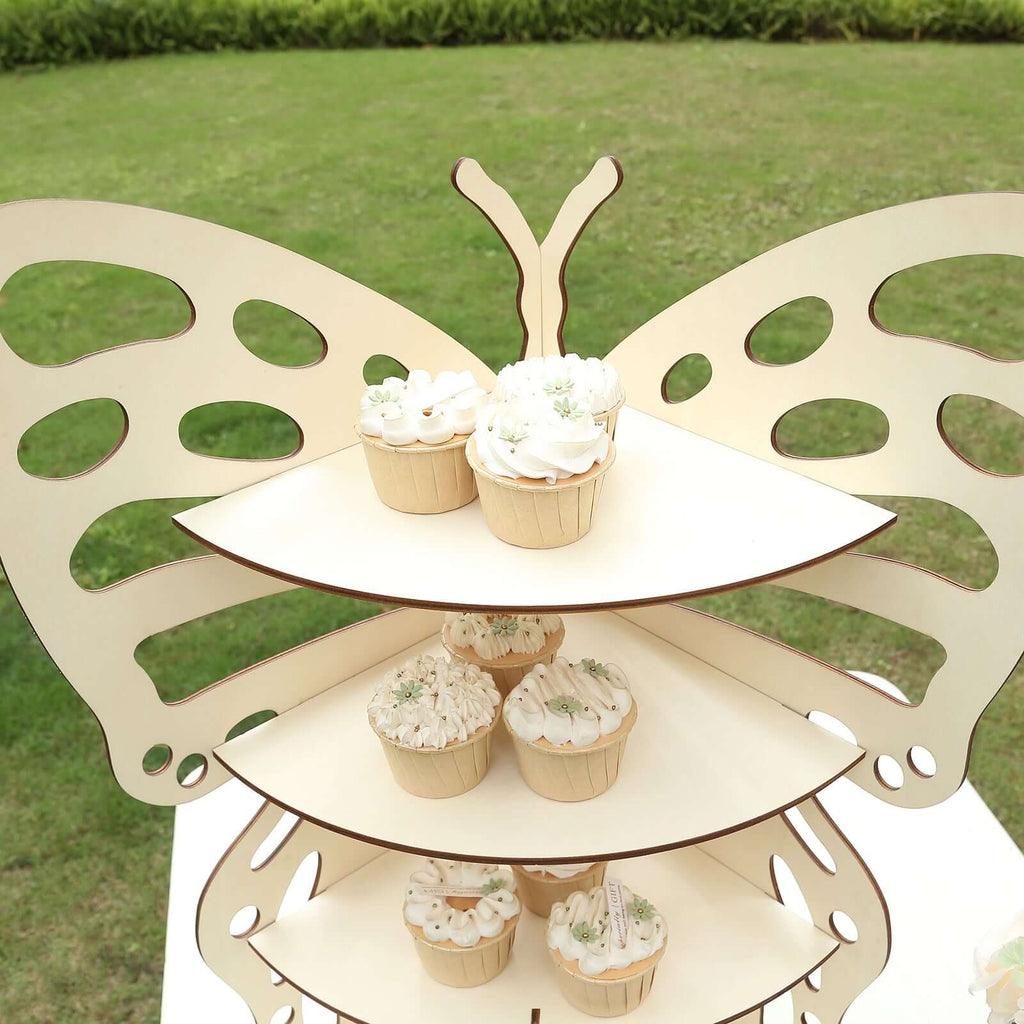 3 - Tier Wooden Cupcake Stand Butterfly Design Natural - Rustic Dessert Display Shelf Rack 24" - Bell Racket Store