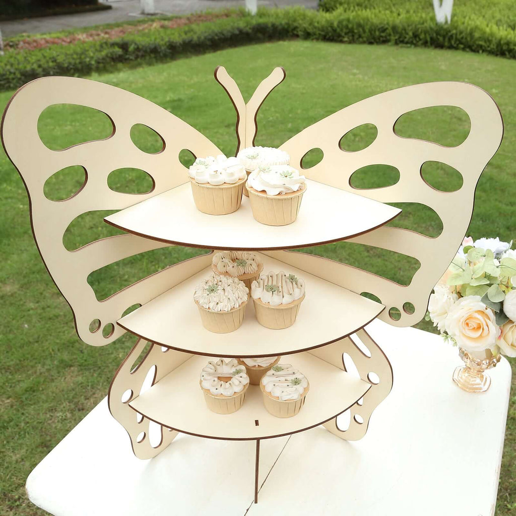 3 - Tier Wooden Cupcake Stand Butterfly Design Natural - Rustic Dessert Display Shelf Rack 24" - Bell Racket Store