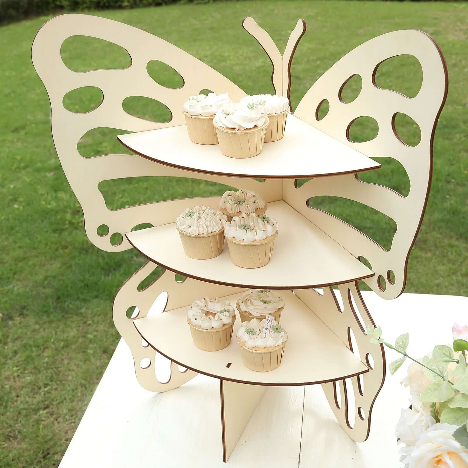 3 - Tier Wooden Cupcake Stand Butterfly Design Natural - Rustic Dessert Display Shelf Rack 24" - Bell Racket Store
