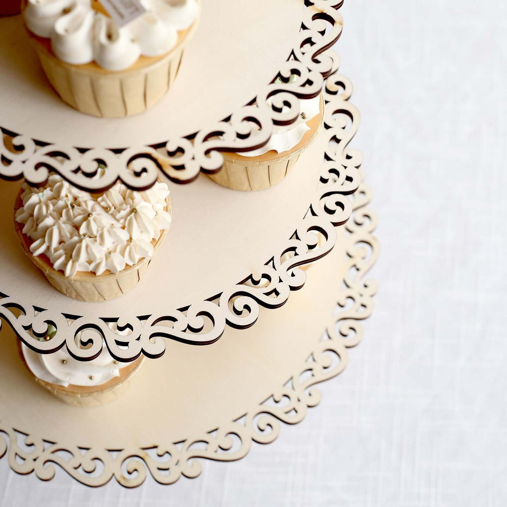 3 - Tier Wooden Cupcake Stand Floral Edge Design Natural - Rustic Round Dessert Display Table Centerpiece 16" - Bell Racket Store