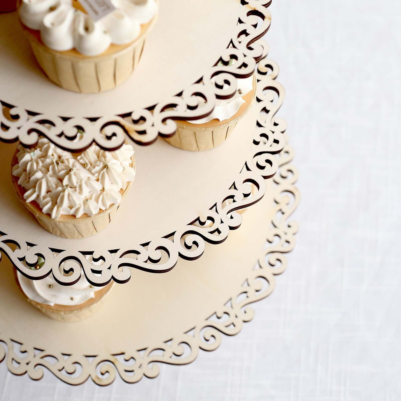 3 - Tier Wooden Cupcake Stand Floral Edge Design Natural - Rustic Round Dessert Display Table Centerpiece 16" - Bell Racket Store