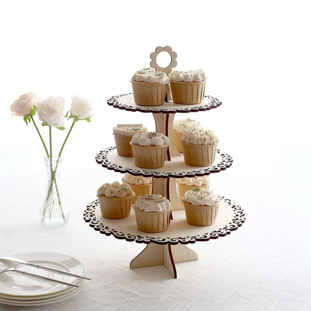 3 - Tier Wooden Cupcake Stand Floral Edge Design Natural - Rustic Round Dessert Display Table Centerpiece 16" - Bell Racket Store