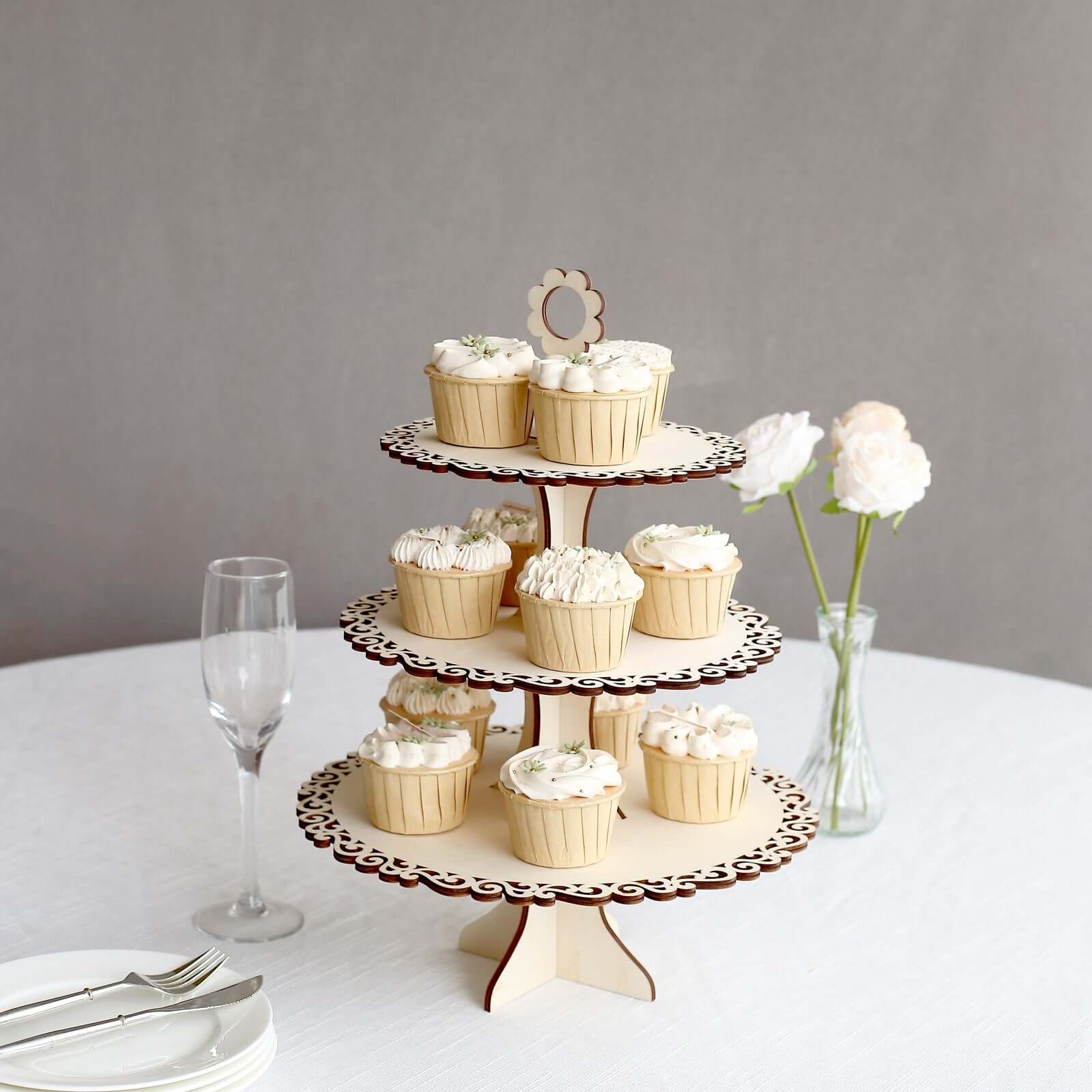 3 - Tier Wooden Cupcake Stand Floral Edge Design Natural - Rustic Round Dessert Display Table Centerpiece 16" - Bell Racket Store
