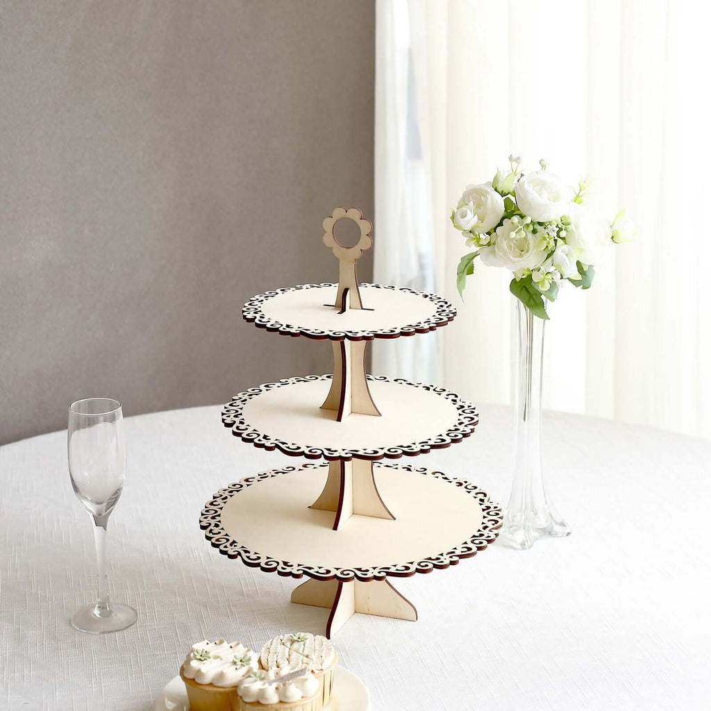 3 - Tier Wooden Cupcake Stand Floral Edge Design Natural - Rustic Round Dessert Display Table Centerpiece 16" - Bell Racket Store