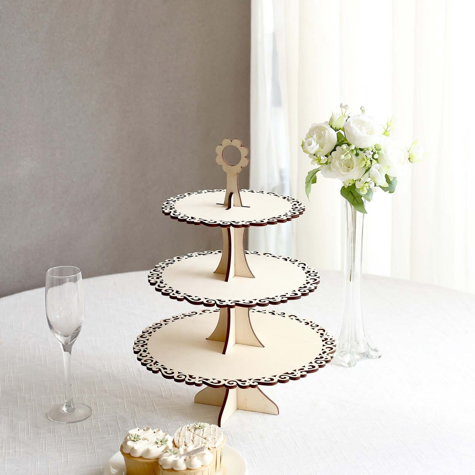 3 - Tier Wooden Cupcake Stand Floral Edge Design Natural - Rustic Round Dessert Display Table Centerpiece 16" - Bell Racket Store