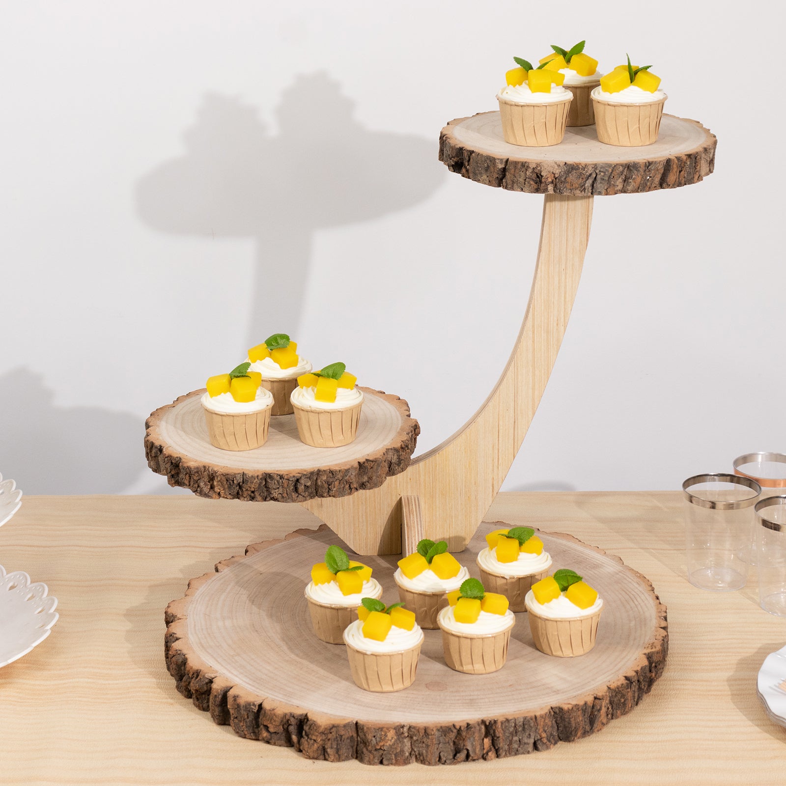 3 - Tier Wooden Cupcake Stand Rustic Natural Wood Slice with Tree Branch Style - Farmhouse Dessert Display Cake Holder 17" - Bell Racket Store