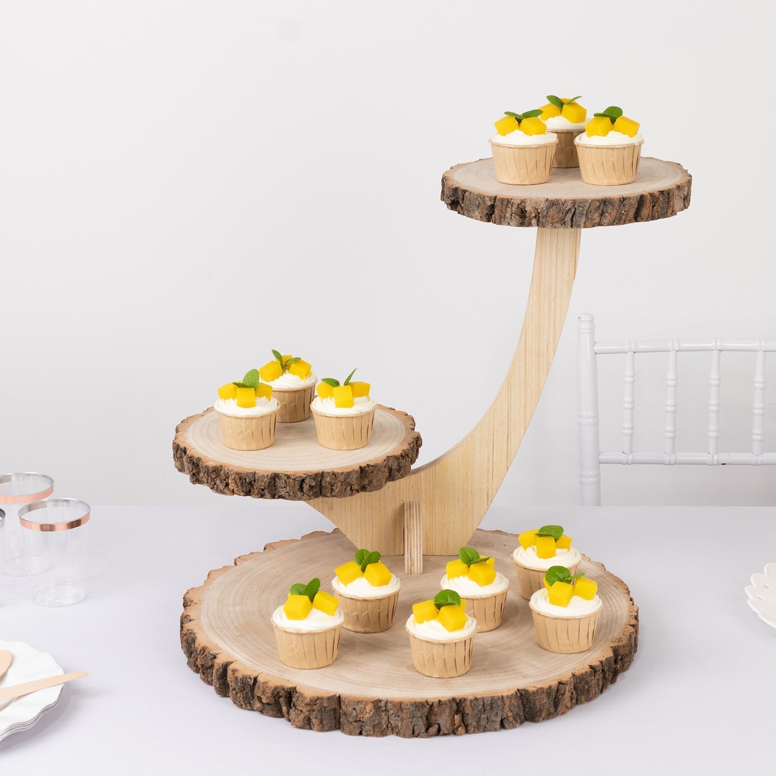 3 - Tier Wooden Cupcake Stand Rustic Natural Wood Slice with Tree Branch Style - Farmhouse Dessert Display Cake Holder 17" - Bell Racket Store