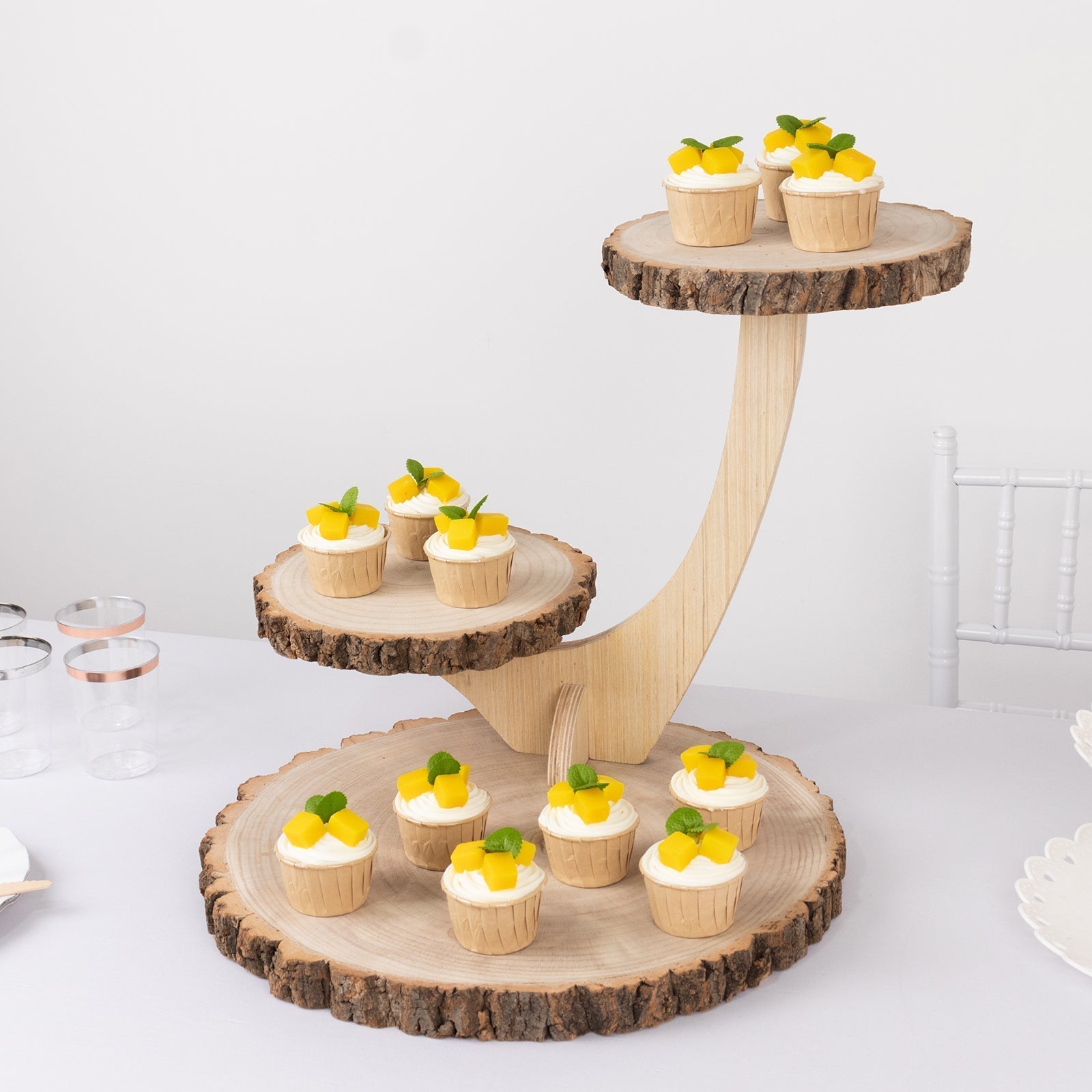3 - Tier Wooden Cupcake Stand Rustic Natural Wood Slice with Tree Branch Style - Farmhouse Dessert Display Cake Holder 17" - Bell Racket Store