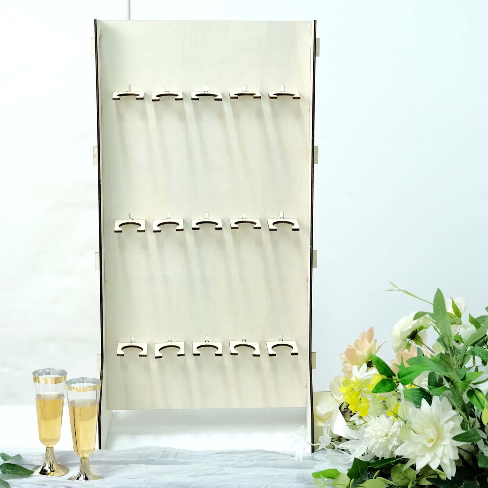 3 - Tier Wooden Rectangle Champagne Wall Glass Holder in White for Rustic Events & Banquets - Bell Racket Store