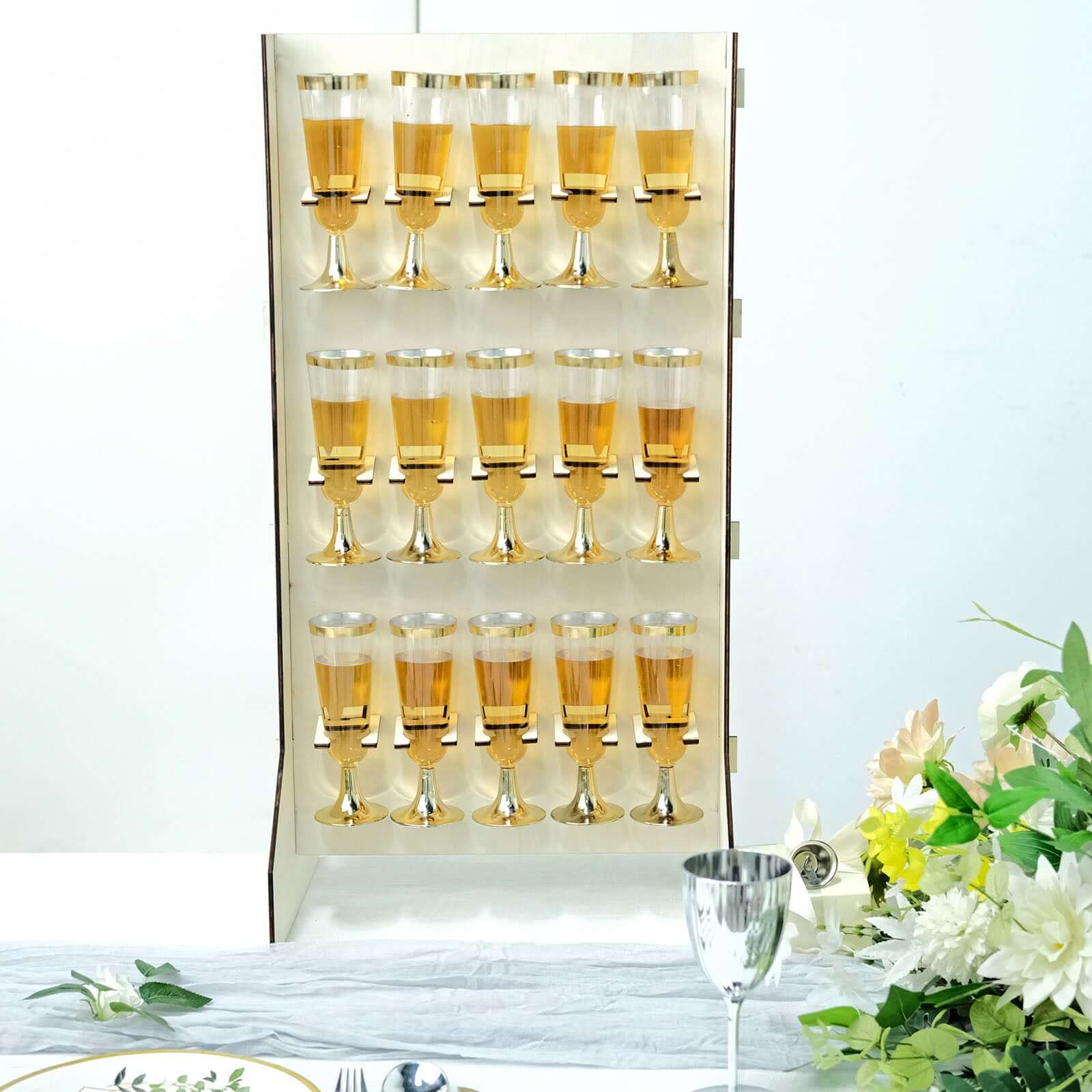 3 - Tier Wooden Rectangle Champagne Wall Glass Holder in White for Rustic Events & Banquets - Bell Racket Store