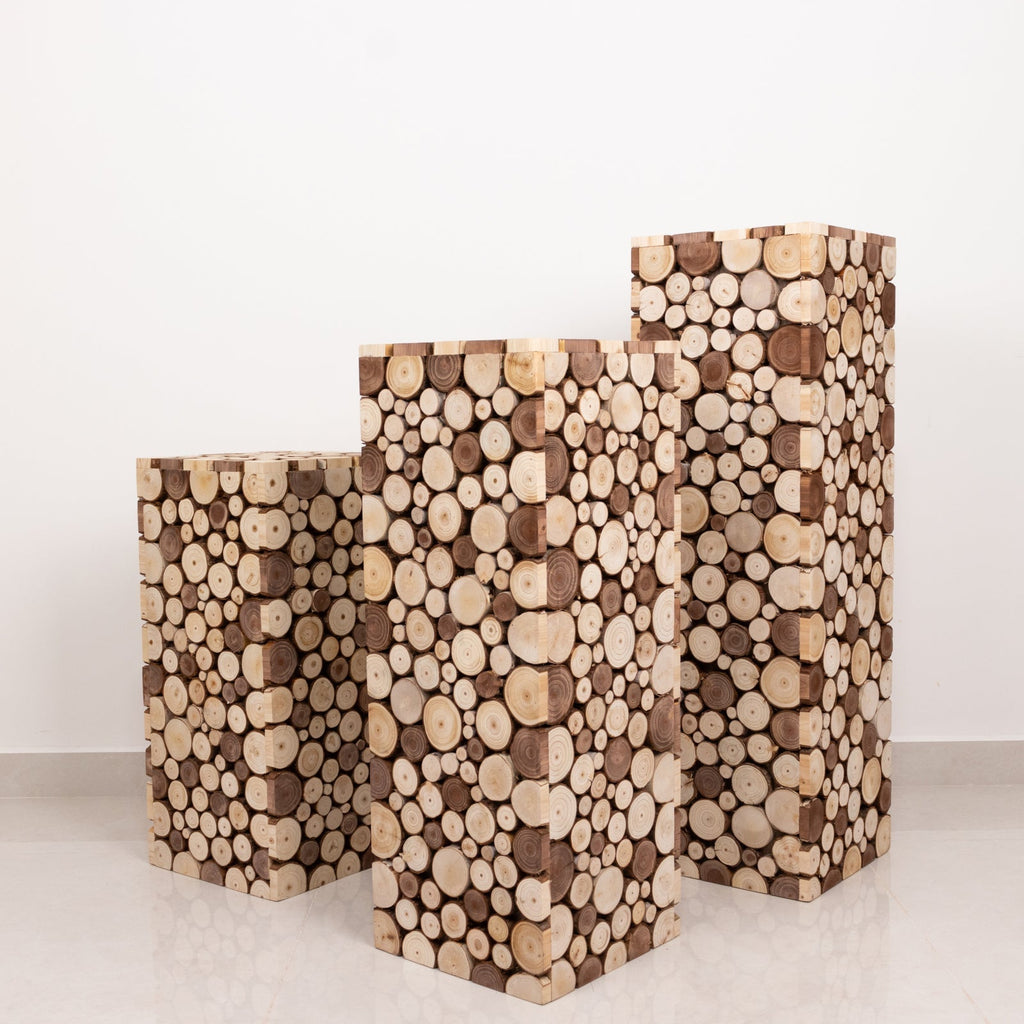 30" Natural Wooden Slices Pillar Prop Pedestal Stand, Rustic Farmhouse Wood Riser Rectangular Plant Stand - Bell Racket Store