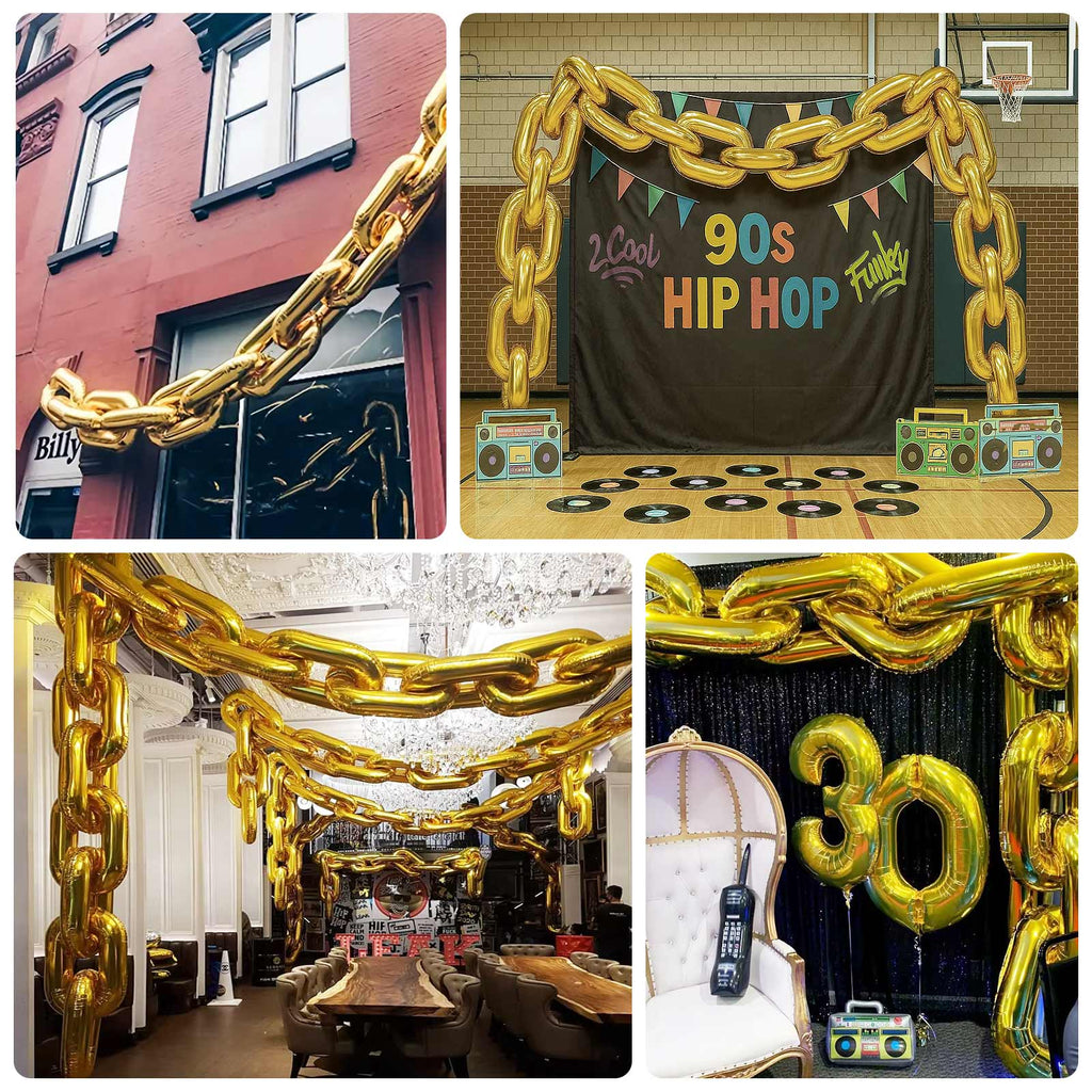 30 - Pack 24" Gold Chain Foil Balloons â€“ Jumbo Link Mylar Balloons for 90s Hip Hop Party Arches Up to 44ft Long Balloon Chain - Bell Racket Store