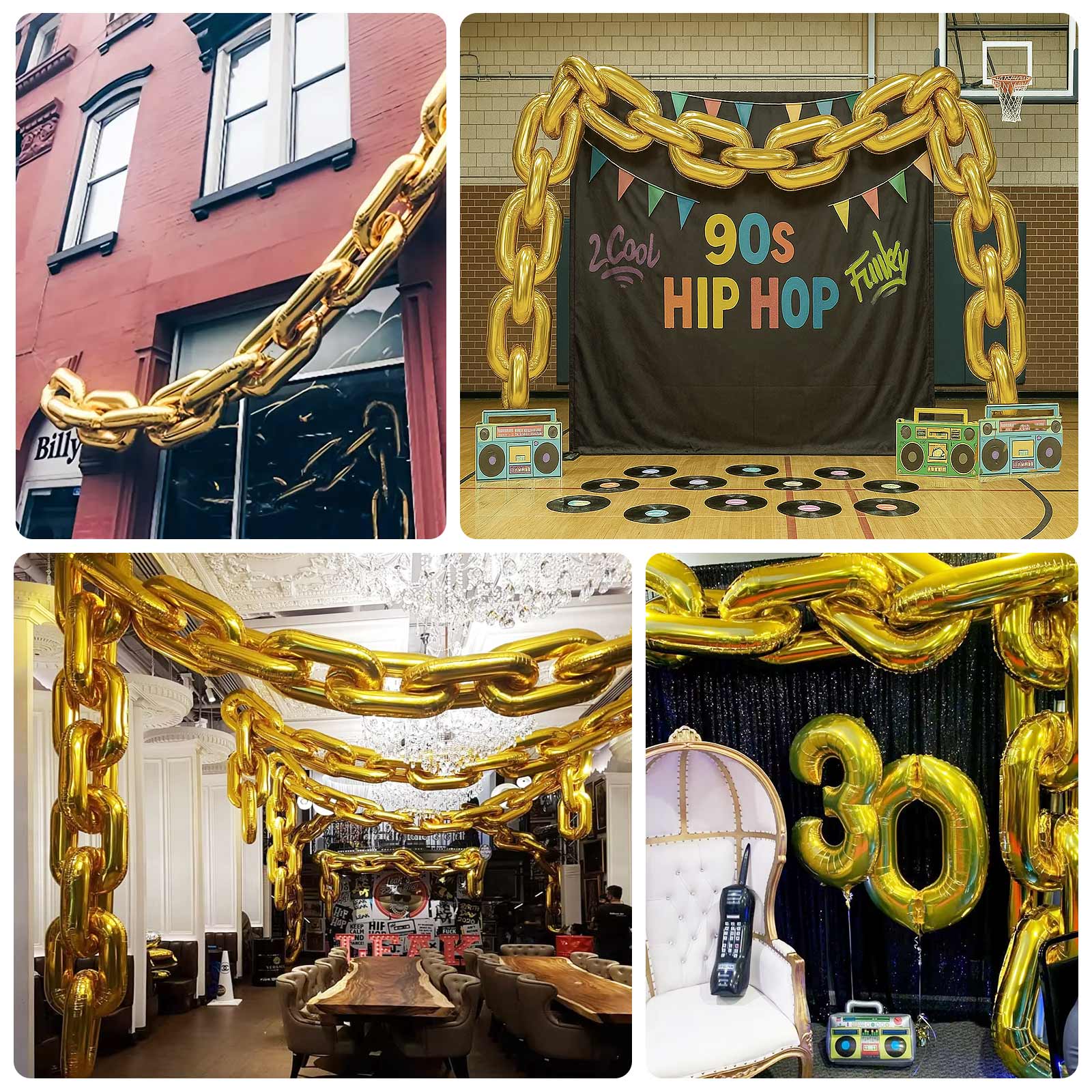 30 - Pack 24" Gold Chain Foil Balloons â€“ Jumbo Link Mylar Balloons for 90s Hip Hop Party Arches Up to 44ft Long Balloon Chain - Bell Racket Store