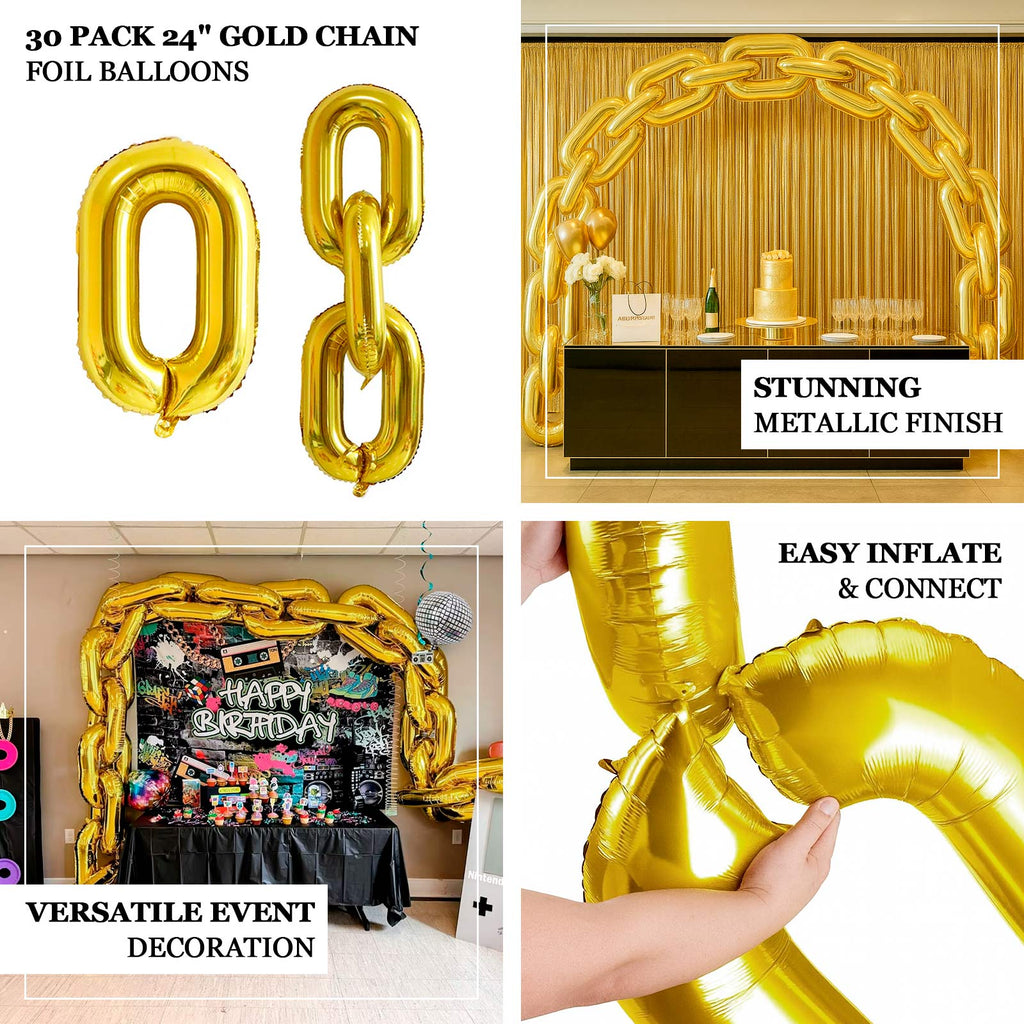 30 - Pack 24" Gold Chain Foil Balloons â€“ Jumbo Link Mylar Balloons for 90s Hip Hop Party Arches Up to 44ft Long Balloon Chain - Bell Racket Store