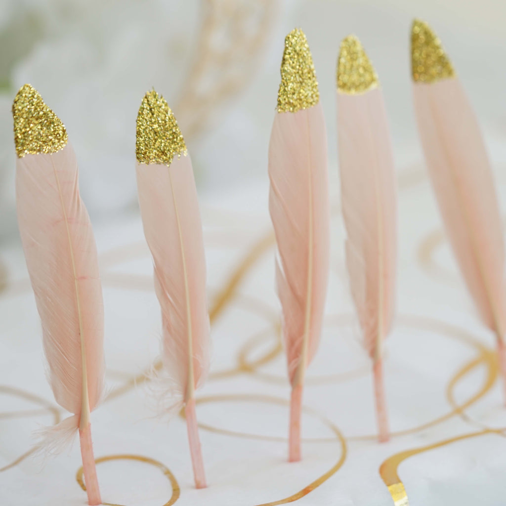 30-Pack Turkey Feathers Craft Feathers Glitter Gold Tip Blush - Decorative Feathers for DIY Party Projects