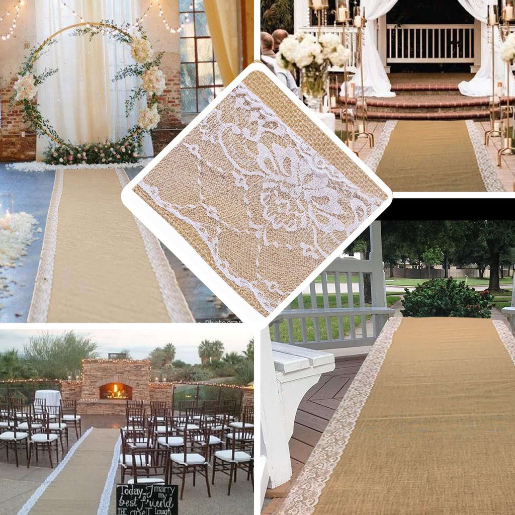 30ft Natural Jute Burlap Aisle Runner with White Floral Lace Borders